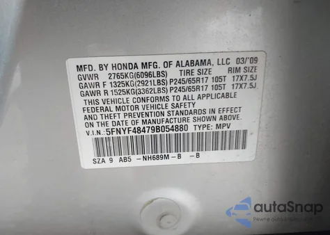 2009 Honda Pilot Ex z USA, uszkodzony, nr VIN 5FNYF48479B054880